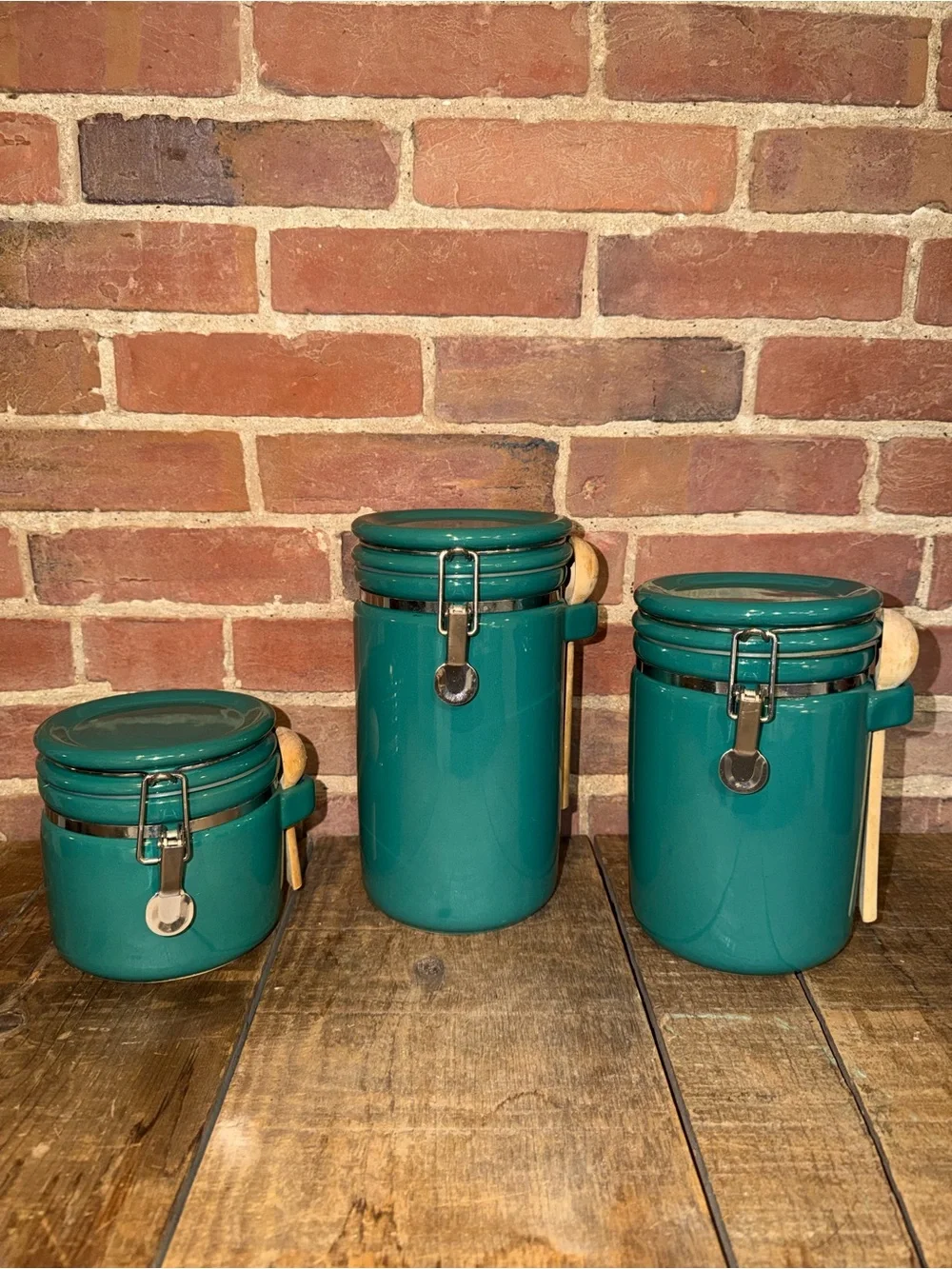 Teal Green Ceramic Airtight Canister Set with Wooden Spoons Cookware